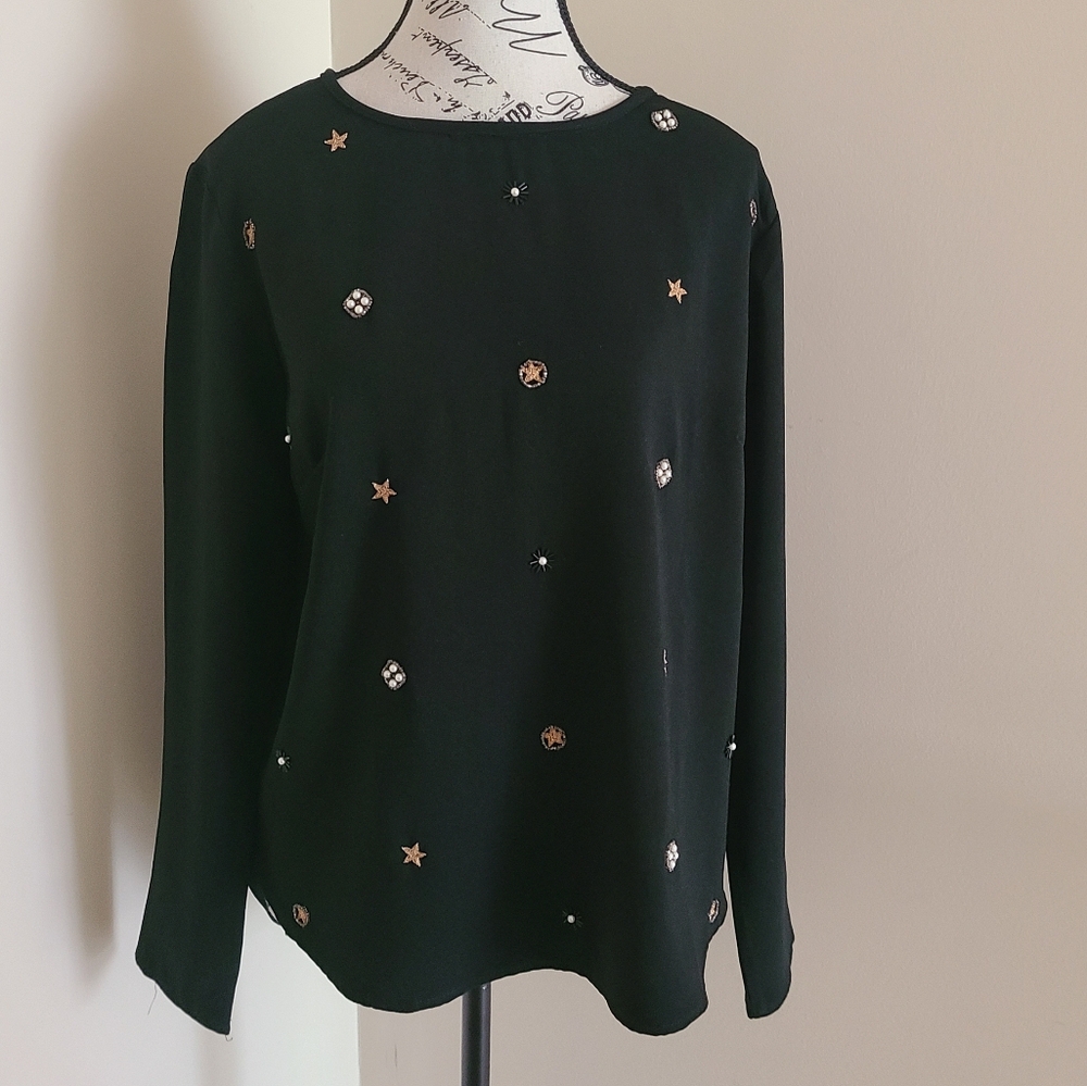 Twik By Simons Top Black Pullover Embroidered Size M Long Sleeve